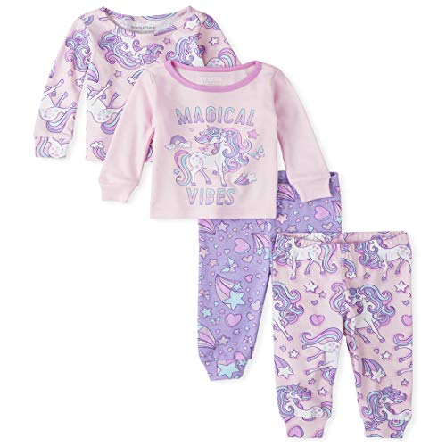 0193511950671 - THE CHILDRENS PLACE GIRLS BABY AND TODDLER UNICORN SNUG FIT COTTON 4-PIECE PAJAMAS, LACROSSE VIOLET NEON, 0-3 MONTHS