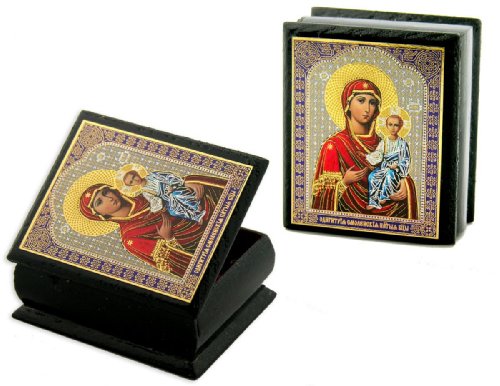 0019372278016 - VIRGIN OF SMOLENSK AUTHENTIC RUSSIAN DECOUPAGE ICON ON 2 INCH WOODEN ROSARY BOX