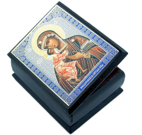 0019372278054 - MADONNA AND CHRIST CHILD AUTHENTIC RUSSIAN DECOUPAGE ICON ON 2 INCH WOODEN ROSARY BOX