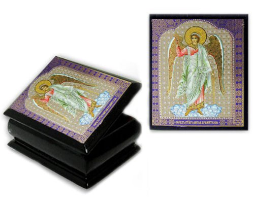 0019372278061 - GUARDIAN ANGEL AUTHENTIC RUSSIAN DECOUPAGE ICON ON 2 1/2 INCH WOODEN ROSARY BOX