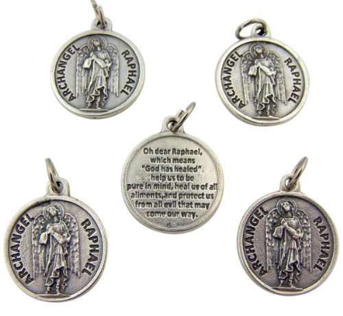 0019372278566 - LOT OF 5 ARCHANGEL SAINT RAPHAEL 7/8-INCH SILVER TONE MEDAL WITH PRAYER ON BACK