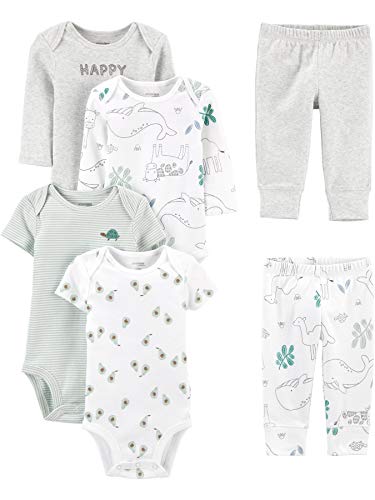 0194135243767 - SIMPLE JOYS BY CARTERS BABY 6-PIECE NEUTRAL BODYSUITS (SHORT AND LONG SLEEVE) AND PANTS SET, AVOCADO/HAPPY/ANIMALS, PREEMIE