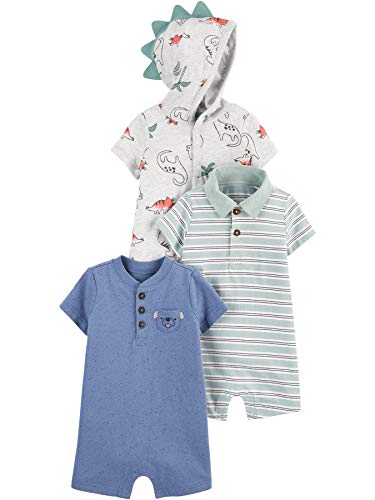 0194135244207 - SIMPLE JOYS BY CARTERS BABY BOYS ROMPERS, PACK OF 3, DINOSAUR/DOG/STRIPE, 0-3 MONTHS