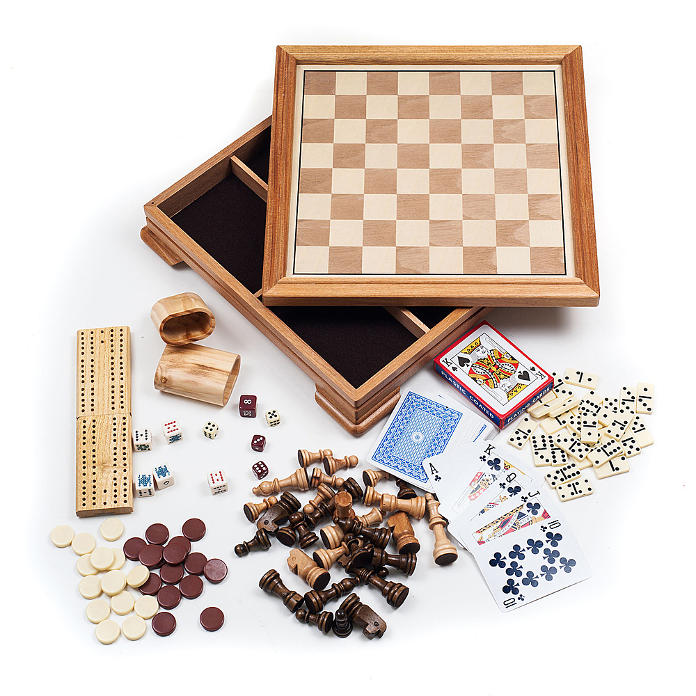 0194189538284 - TOY TIME - 7-IN-1 DELUXE BOARD GAME SET- CHESS, CHECKERS, BACKGAMMON, CRIBBAGE AND MORE- WOOD BOARD WITH STORAGE