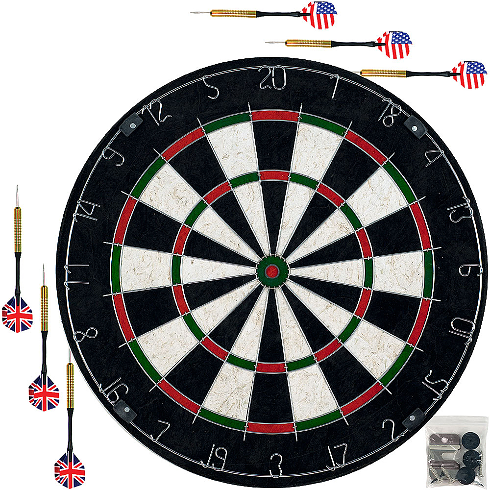0194189538307 - TOY TIME - BRISTLE DART BOARD WITH METAL WIRE SPIDER PROFESSIONAL REGULATION SIZE TOURNAMENT SET - BLACK, RED