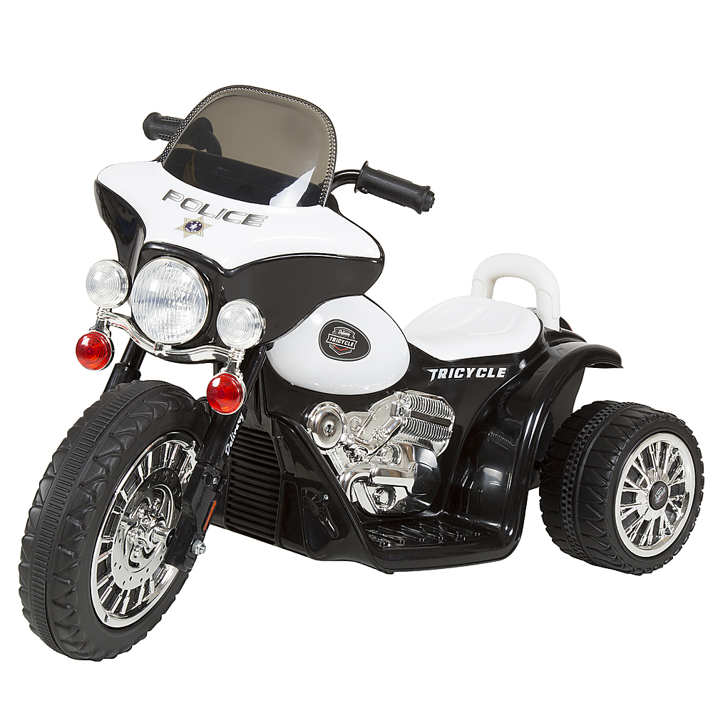 0194189643872 - KIDS MOTORCYCLE RIDE ON TOY 3-WHEEL BATTERY POWERED MOTORBIKE POLICE DECALS, REVERSE, AND HEADLIGHTS BY TOY TIME - WHITE