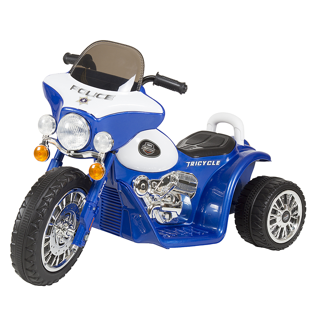 0194189643902 - KIDS MOTORCYCLE RIDE ON TOY 3-WHEEL BATTERY POWERED MOTORBIKE POLICE DECALS, REVERSE, AND HEADLIGHTS BY TOY TIME - BLUE