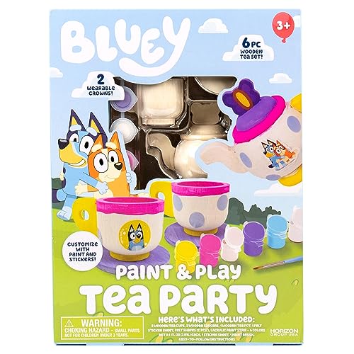 0194356223821 - BLUEY PAINT & PLAY TEA PARTY, 6-PIECE WOODEN TEA SET, CUSTOMIZE WITH PAINT & BLUEY STICKERS, 2 WEARABLE CROWNS, FUN TOYS FOR KIDS, CUTE BIRTHDAY PARTY DECORATIONS, PRETEND PLAY TEA PARTY, BLUEY TOYS