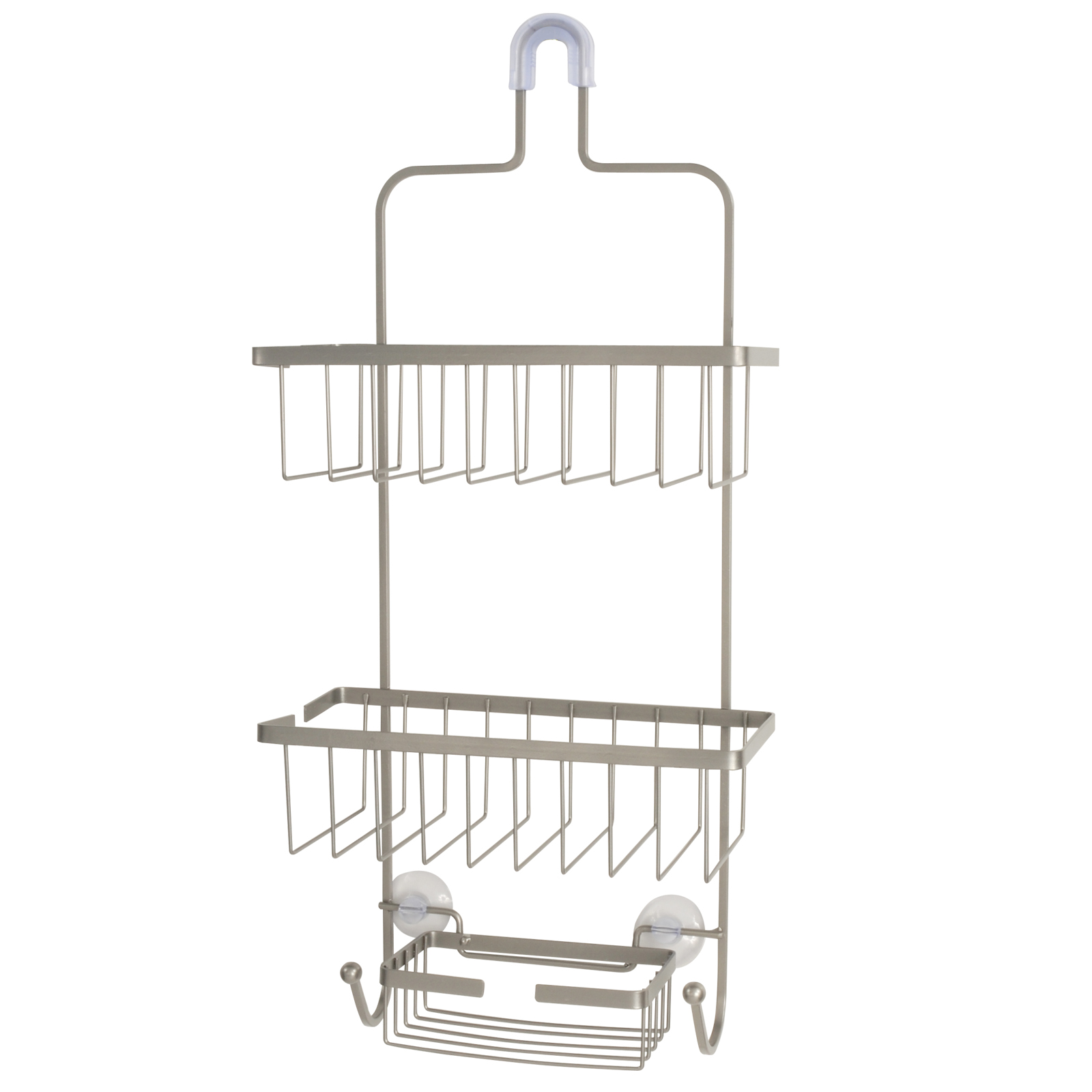 0019442516024 - DELUXE LARGE SHOWER CADDY WITH THREE BASKETS 2 HOOKS AND 2 SUCTION CUPS BRUSHED NICKEL FINISH