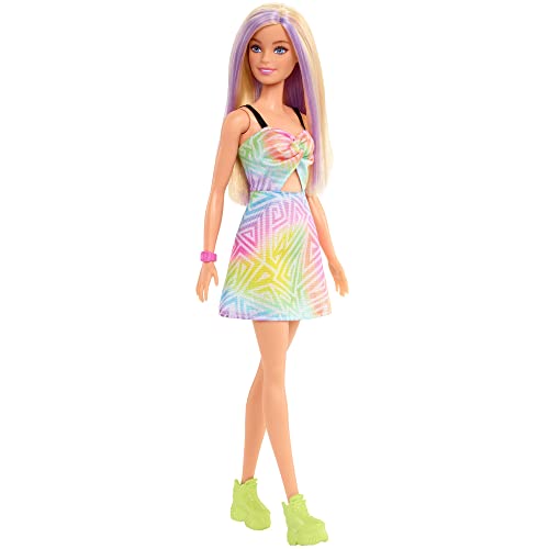 0194735002023 - BARBIE FASHIONISTAS DOLL #190, BLONDE HAIR WITH PURPLE STREAKS, ROMPER DRESS, YELLOW WEDGE SNEAKERS, BRACELET, TOY FOR KIDS 3 TO 8 YEARS OLD