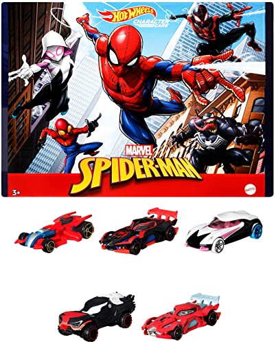 0194735005246 - HOT WHEELS MARVEL SPIDER-MAN CHARACTER CARS 5-PACK OF 1:64 SCALE VEHICLES, INCLUDES SPIDER-MAN, SPIDER-MAN IN PROTO-SUIT, MILES MORALES, SPIDER-GWEN & VENOM, COLLECTIBLE GIFT FOR AGES 3 YEARS & OLDER