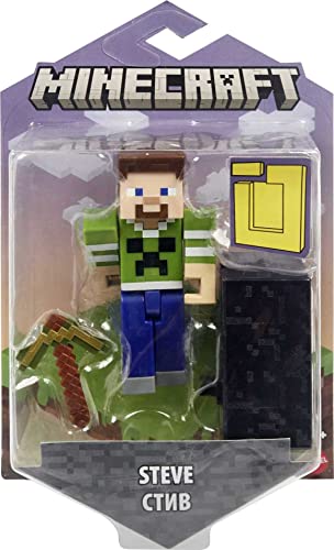 0194735031801 - MATTEL MINECRAFT CREEPER SHIRT STEVE ACTION FIGURE, 3.25-IN, WITH 1 BUILD-A-PORTAL PIECE & 1 ACCESSORY, BUILDING TOY INSPIRED BY VIDEO GAME, COLLECTIBLE GIFT FOR FANS & KIDS AGES 6 YEARS & OLDER
