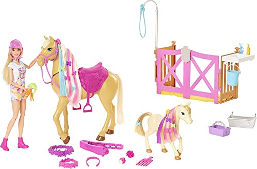 0194735047451 - BARBIE GROOM N CARE HORSES PLAYSET DOLL (BLONDE 11.5-IN), 2 HORSES & 20+ GROOMING AND HAIRSTYLING ACCESSORIES, GIFT FOR 3 TO 7 YEAR OLDS