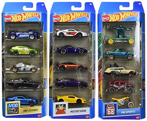0194735051960 - HOT WHEELS 5-PACK BUNDLE OF 15 TOY CARS, 3 THEMED PACKS OF 5 1:64 SCALE VEHICLES, GIFT FOR COLLECTORS & KIDS 3 YEARS OLD & UP