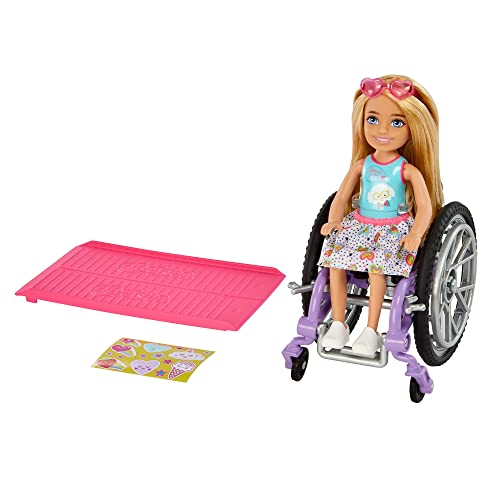 0194735054312 - BARBIE CHELSEA DOLL & WHEELCHAIR, WITH CHELSEA DOLL (BLONDE), IN SKIRT & SUNGLASSES, WITH RAMP & STICKER SHEET, TOY FOR 3 YEAR OLDS & UP