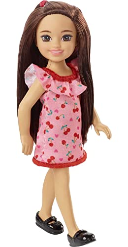 0194735056859 - BARBIE CHELSEA DOLL (BRUNETTE) WEARING RUFFLED CHERRY-PRINT DRESS AND BLACK SHOES, TOY FOR KIDS AGES 3 YEARS OLD & UP
