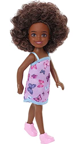 0194735056910 - BARBIE CHELSEA DOLL (CURLY BRUNETTE HAIR) WEARING BUTTERFLY-PRINT DRESS AND PINK SHOES, TOY FOR KIDS AGES 3 YEARS OLD & UP
