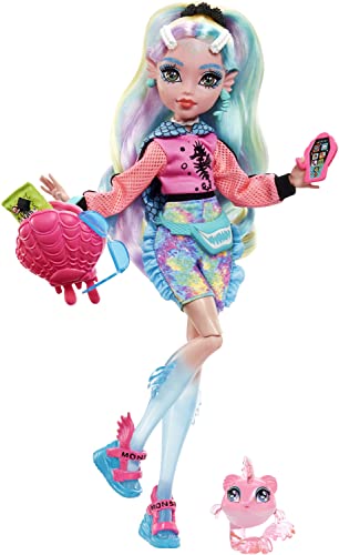 0194735069798 - MONSTER HIGH LAGOONA BLUE POSABLE DOLL (10.4 IN) WITH RAINBOW HAIR, PET AND ACCESSORIES, TOY FOR 3 YEAR OLDS AND UP