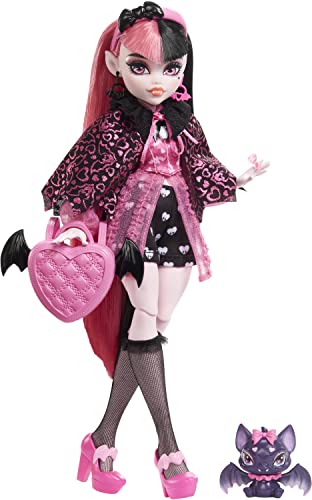 0194735069910 - MONSTER HIGH DRACULAURA DOLL (10.1 IN) WITH PINK AND BLACK HAIR, PET AND ACCESSORIES, GIFT FOR 3 YEAR OLDS AND UP