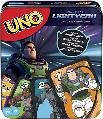 0194735081776 - UNO DISNEY PIXAR LIGHTYEAR CARD GAME IN STORAGE TIN, MOVIE-THEMED DECK & SPECIAL RULE, GIFT FOR KID, ADULT & FAMILY GAME NIGHTS, AGES 7 YEARS OLD & UP