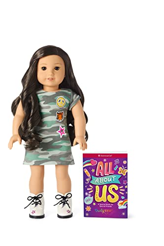0194735092444 - AMERICAN GIRL TRULY ME 18-INCH DOLL 111 WITH BROWN EYES, WAVY BLACK-BROWN HAIR, LIGHT SKIN WITH WARM OLIVE UNDERTONES, CAMO T-SHIRT DRESS
