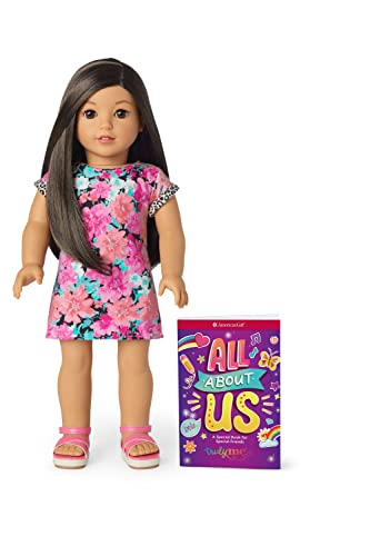 0194735092482 - AMERICAN GIRL TRULY ME 18-INCH DOLL 124 WITH BROWN EYES, STRAIGHT BLACK-BROWN HAIR, LIGHT-TO-MEDIUM SKIN WITH WARM UNDERTONES, FLORAL PRINTED T-SHIRT DRESS