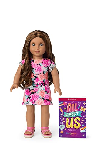 0194735092505 - AMERICAN GIRL TRULY ME 18-INCH DOLL 117 WITH BROWN EYES, WAVY DARK-BROWN HAIR WITH CARAMEL HIGHLIGHTS, TAN SKIN WITH WARM NEUTRAL UNDERTONES, FLORAL PRINTED T-SHIRT DRESS