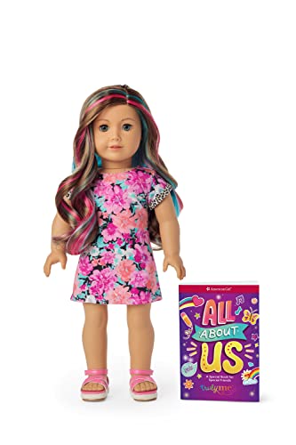 0194735092529 - AMERICAN GIRL TRULY ME 18-INCH DOLL 101 WITH GRAY EYES, WAVY CARAMEL HAIR WITH PINK AND BLUE HIGHLIGHTS, LIGHT-TO-MEDIUM SKIN WITH WARM UNDERTONES, FLORAL PRINTED T-SHIRT DRESS