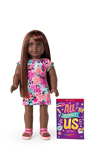 0194735092598 - AMERICAN GIRL TRULY ME 18-INCH DOLL 109 WITH GRAY EYES, STRAIGHT DARK-BROWN HAIR WITH BANGS, CARAMEL AND PINK HIGHLIGHTS, VERY DEEP SKIN WITH NEUTRAL UNDERTONES, FLORAL PRINTED T-SHIRT DRESS