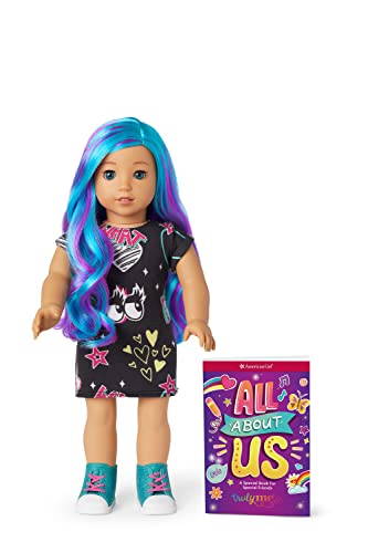 0194735092611 - AMERICAN GIRL TRULY ME 18-INCH DOLL 119 WITH LIGHT-BLUE EYES, WAVY BLUE-AND-PURPLE HAIR, LIGHT-TO-MEDIUM SKIN WITH WARM UNDERTONES, BLACK PRINTED T-SHIRT DRESS