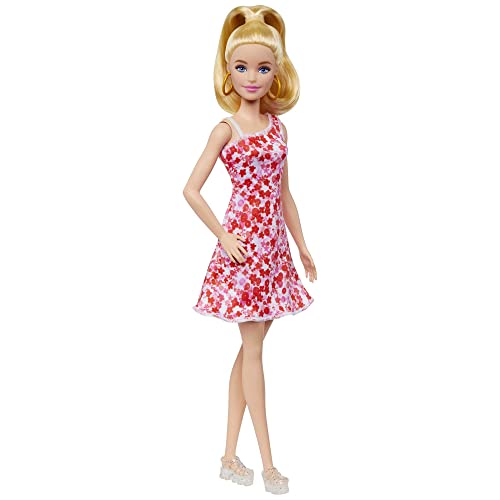 0194735094073 - BARBIE FASHIONISTAS DOLL #205 WITH BLOND PONYTAIL, WEARING PINK AND RED FLORAL DRESS, PLATFORM SANDALS AND HOOP EARRINGS