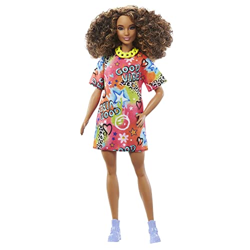 0194735094332 - BARBIE DOLL, KIDS TOYS, CURLY BROWN HAIR, BARBIE FASHIONISTAS, ATHLETIC BODY SHAPE, GRAFFITI-PRINT T-SHIRT DRESS, CLOTHES AND ACCESSORIES
