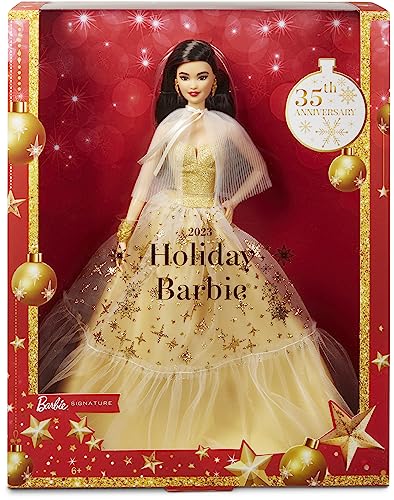 0194735096916 - 2023 HOLIDAY BARBIE DOLL, SEASONAL COLLECTOR GIFT, BARBIE SIGNATURE, GOLDEN GOWN AND DISPLAYABLE PACKAGING, BLACK HAIR