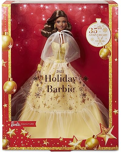 0194735097050 - 2023 HOLIDAY BARBIE DOLL, SEASONAL COLLECTOR GIFT, BARBIE SIGNATURE, GOLDEN GOWN AND DISPLAYABLE PACKAGING, DARK BROWN HAIR