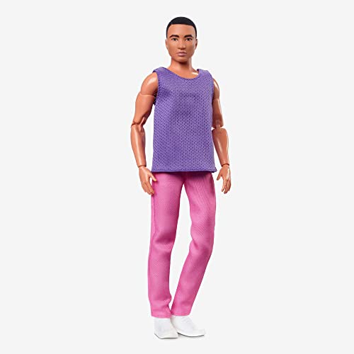 0194735097081 - KEN DOLL, BARBIE LOOKS, BLACK HAIR, COLOR BLOCK OUTFIT, PURPLE MESH TOP WITH PINK PANTS, STYLE AND POSE, FASHION COLLECTIBLES