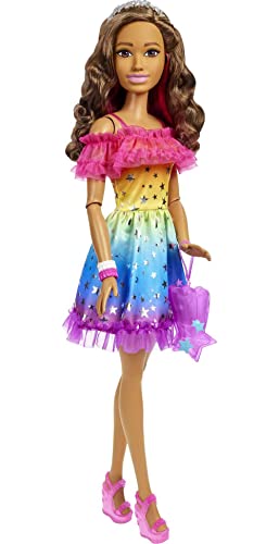 0194735097937 - BARBIE LARGE DOLL WITH BROWN HAIR, 28 INCHES TALL, RAINBOW DRESS AND STYLING ACCESSORIES INCLUDING SHOOTING STAR HANDBAG