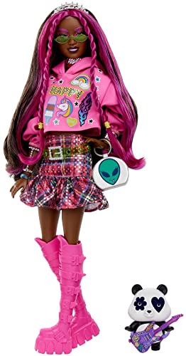 0194735106530 - BARBIE DOLL WITH PET PANDA, BARBIE EXTRA, KIDS TOYS, CLOTHES AND ACCESSORIES, PINK-STREAKED BRUNETTE HAIR, GRAPHIC HOODIE AND PLAID SKIRT