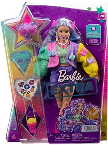 0194735106547 - BARBIE DOLL WITH PET KOALA, BARBIE EXTRA, KIDS TOYS, CLOTHES AND ACCESSORIES, WAVY LAVENDER HAIR, COLORFUL BUTTERFLY SWEATER, PINK BOOTS