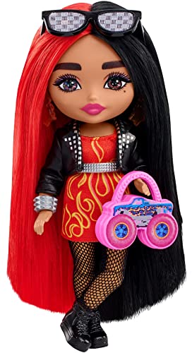 0194735106554 - BARBIE DOLL, BARBIE EXTRA MINIS DOLL WITH RED AND BLACK HAIR, KIDS TOYS, FLAME-PRINT DRESS AND MOTO JACKET, SMALL DOLL, CLOTHES AND ACCESSORIES