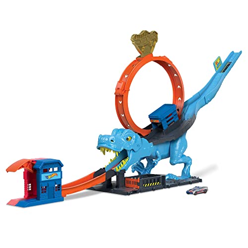 0194735147342 - HOT WHEELS CITY TRACK SET WITH 1 TOY CAR, RACE THROUGH A GIANT LOOP TO DEFEAT A BIG DINOSAUR, T-REX LOOP STUNT AND RACE PLAYSET