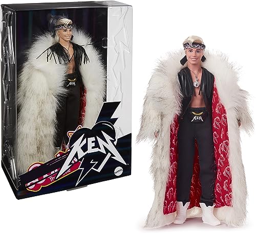 0194735174546 - BARBIE THE MOVIE COLLECTIBLE KEN DOLL WEARING BIG FAUX FUR COAT AND BLACK FRINGE VEST WITH BANDANA