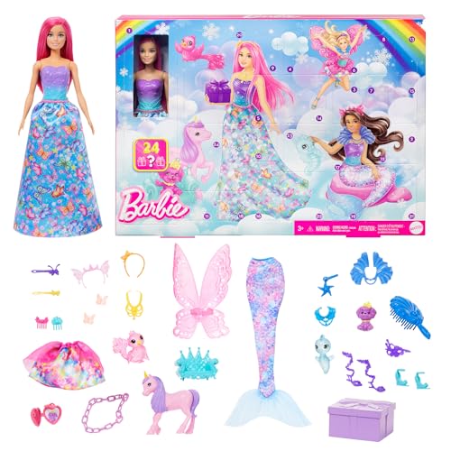 0194735176441 - BARBIE ADVENT CALENDAR WITH DOLL & 24 SURPRISE ACCESSORIES INCLUDING UNICORN & 3 PETS, TRANSFORM PINK-HAIRED FASHION DOLL INTO MERMAID, FAIRY & MORE