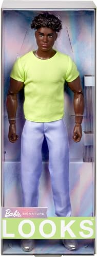 0194735180707 - BARBIE LOOKS KEN DOLL, COLLECTIBLE NO. 25 WITH CURLY BLACK HAIR AND MODERN Y2K FASHION, CHARTREUSE TEE AND PASTEL TROUSERS WITH SILVER BOOTS