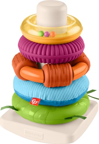 0194735231881 - FISHER-PRICE STACKING TOY SENSORY ROCK-A-STACK RINGS WITH FINE MOTOR ACTIVITIES ON ROLY-POLY BASE FOR INFANTS AGES 6+ MONTHS
