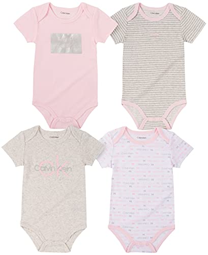0194753182516 - CALVIN KLEIN GIRLS 4 PIECES PACK BODYSUITS, BABY PINK/MARSHMALLOW PRINT/OATMEAL, 6-9 MONTHS