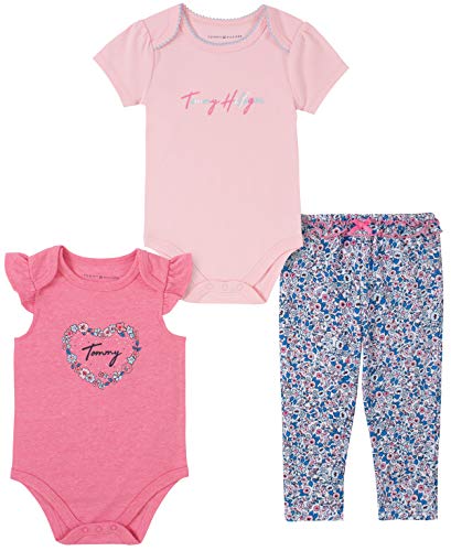 0194753649989 - TOMMY HILFIGER BABY GIRLS 3 PIECES BODYSUIT PANTS SET, ROSE SHADOW/PINK CARNATION/BLUE, 0-3 MONTHS