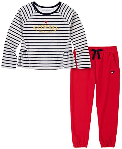 0194753856691 - TOMMY HILFIGER BABY GIRLS 2 PIECES JOGGER SET, OATMEAL HEATHER STRIPES/CHINESE RED, 24M