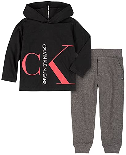 0194753859449 - CALVIN KLEIN BABY BOYS 2 PIECES HOODED PANT SETS, DEEP BLACK/BARBADOS CHERRY/PARASAIL WHITE/STEALTH HEATHER, 18M