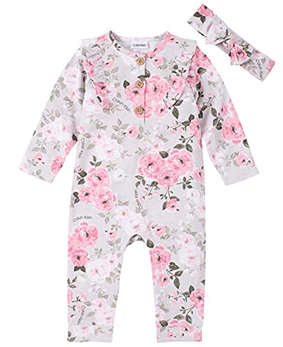 0194753885493 - CALVIN KLEIN BABY GIRLS COVERALL WITH HEADBAND, PINK FLOWER PRINT, 18M