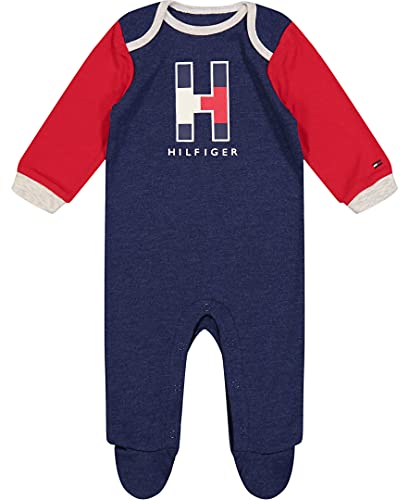 0194753891470 - TOMMY HILFIGER BABY BOYS FOOTED COVERALL, SINGLE DYED MEDIEVAL BLUE/TANGO RED/OATMEAL HEATHER, 6-9 MONTHS